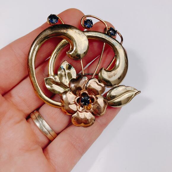 VTG Signed Harry Iskin Mid Century Gold Filled Floral Brooch Blue Rhinestone 40s - Picture 2 of 15